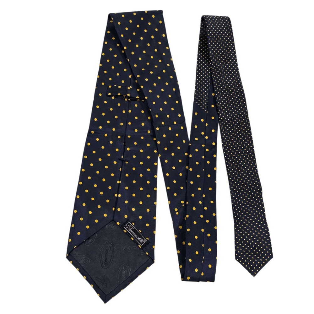 Faconnable Silk Polka Dot Necktie Navy‎ Blue Yellow Handmade Made in France